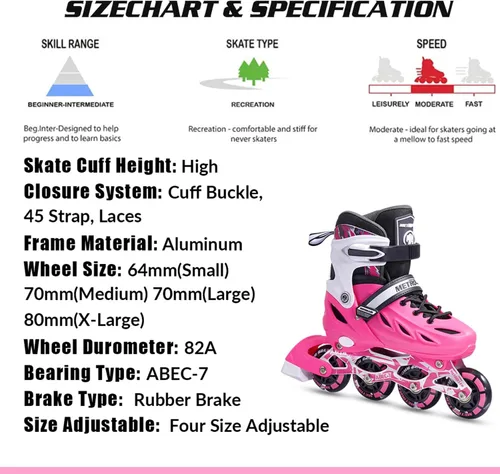Miniatura 6 de METROLLER Patines en línea para niñas y niños, mujeres, hombres, 4 tallas ajustables, patines en línea con ruedas que se iluminan, patines Rosa