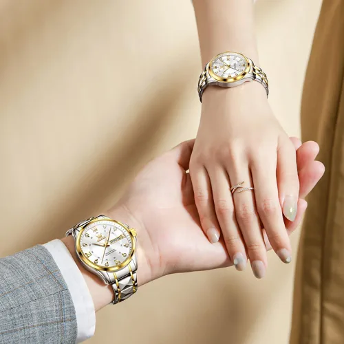 Miniatura 17 de OLEVS Reloj para parejas para él y ella, reloj analógico de cuarzo para hombres y mujeres, de acero inoxidable, impermeable, luminoso, fecha, reloj