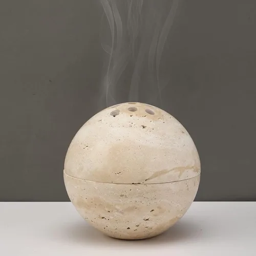 Soporte de cono de incienso de travertino natural, hecho a mano, quemador de incienso de esfera de piedra para meditación, yoga, decoración del