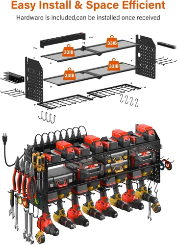 Miniatura 6 de JUNNUJ Organizador de herramientas eléctricas grande con tablero de clavijas y estación de carga, soporte de pared con 8 tomas de corriente