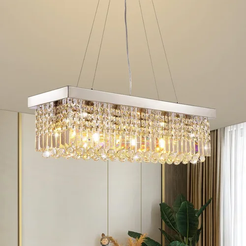 Miniatura 12 de 7PM Candelabro de cristal dorado moderno rectangular candelabros para comedor, lámpara colgante rectangular para isla de cocina y dormitorio, 31.5