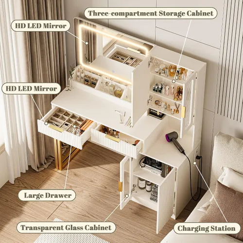 Miniatura 9 de Moderno escritorio de maquillaje de 45 pulgadas con espejo y luces, tocador de maquillaje con 5 estantes y 2 cajones y gabinete, mesa de tocador