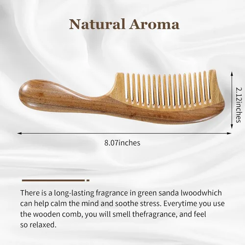 Miniatura 3 de Peine de pelo de sándalo verde natural, calidad premium, antiestático, desenredante natural, mango redondo grueso, para la salud del cabello
