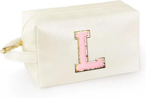 Miniatura 8 de Bolsa de maquillaje personalizada con inicial con asa, bolsa de cosméticos de preparación con bolsillo interior con cremallera, 8, 9, 10, 11, 12