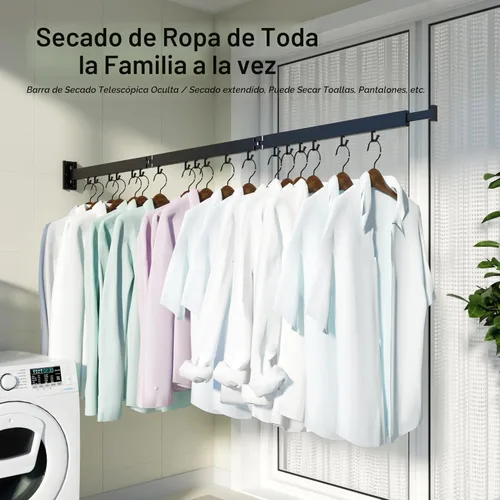 Miniatura 7 de HEILAIYI Estante de Secado de Ropa para Lavandería, Perchero de Ropa Montado en la Pared, Plegable, Retráctil, Plegable (Con Ganchos en Forma de J)