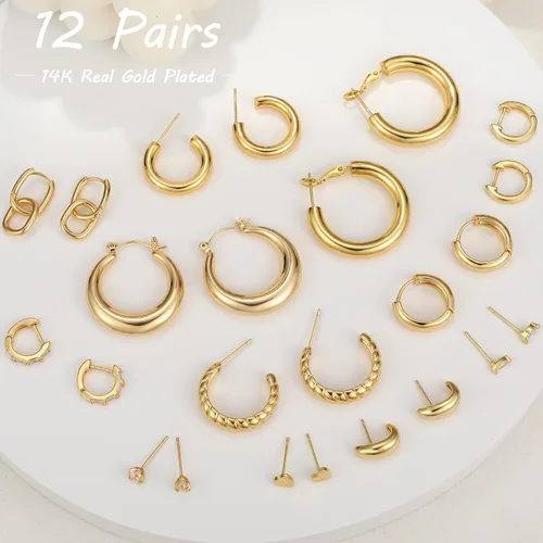 Miniatura 6 de Juego de 12 pares de aretes de aro de oro para mujer, chapados en oro de 14 quilates, ligeros, trenzados, gruesos, paquete para regalo