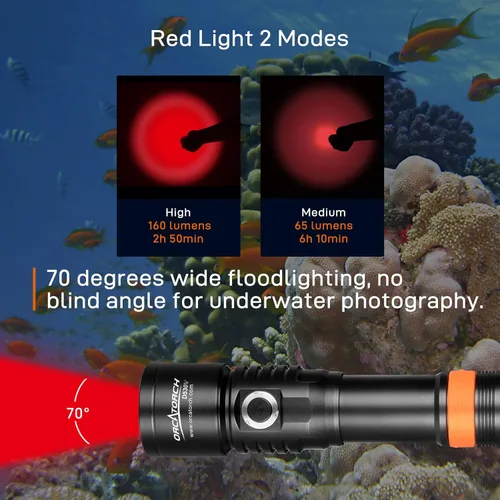 Miniatura 2 de ORCATORCH D530V - Luz LED roja de buceo de 160 lúmenes, luz de video de buceo de 120 grados, ángulo de haz ancho, bajo el agua 492.1 ft luz de rojo