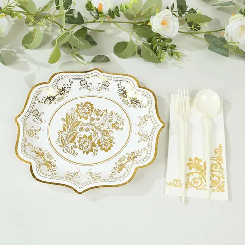 Miniatura 5 de Efavormart - Paquete de 25 platos llanos de papel francés de 10 pulgadas, color blanco y dorado, 300 GSM, resistentes con borde festoneado