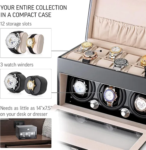Miniatura 4 de Enrollador de reloj y caja de almacenamiento para enrollar 3 relojes automáticos y 12 espacios de almacenamiento de relojes