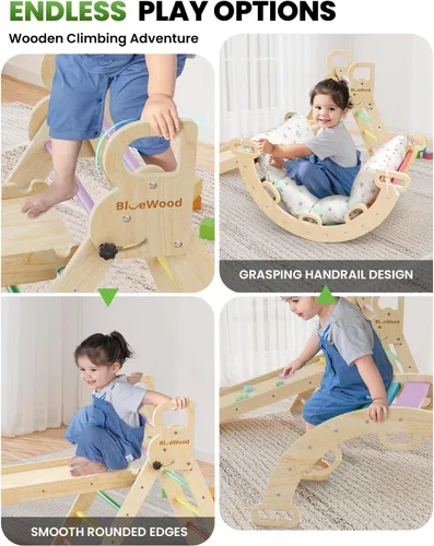 Miniatura 5 de BlueWood Conjunto de Triángulo Pikler con Cojín - Juguetes de Escalada para Niños Pequeños 9-en-1, Gimnasio de Juegos con Filosofía Montessori