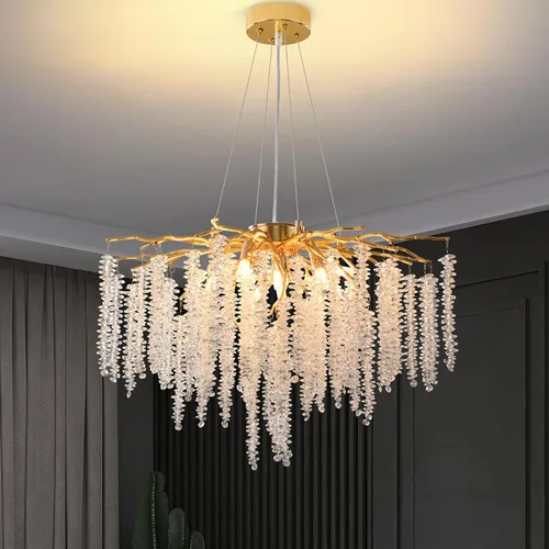 Miniatura 18 de Candelabro de Cristal Rama de Árbol Dorado Gota de Lluvia Redonda Lámpara Colgante con Borla Luminaria de Techo Colgante para Dormitorio Sala
