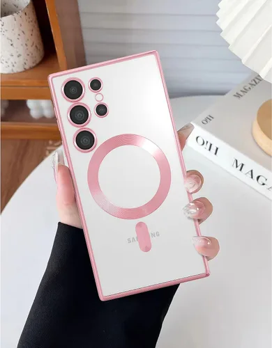 Miniatura 8 de Funda magnética para Samsung Galaxy S23, borde galvanizado, parte trasera transparente, funda protectora delgada con protección de cámara, Rosa