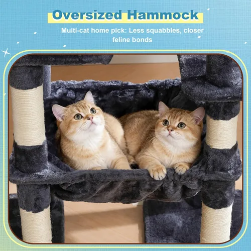 Miniatura 6 de Hey-brother Torre de árbol para gatos, postes rascadores con plataforma grande, 2 condominios, hamaca espaciosa, cesta acogedora, tabla de sisal
