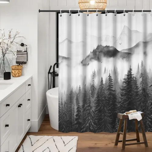 Miniatura 3 de Cortina de ducha pequeña en blanco y negro, juego de cortina de ducha de bosque brumoso para baño, impermeable, decoración de baño de montaña