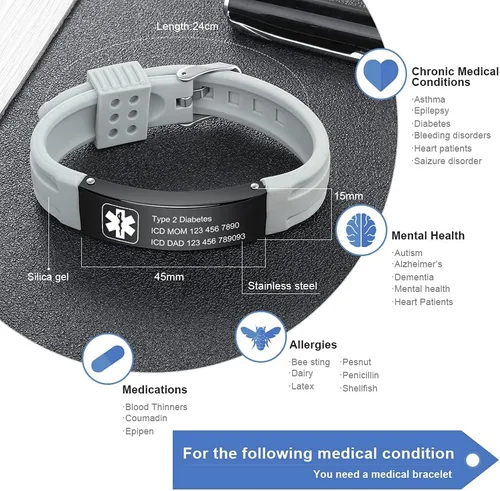 Miniatura 80 de OPALSTOCK Pulseras médicas personalizadas de silicona ajustable para identificación de emergencias, grabado gratuito, 9 pulgadas, resistente al