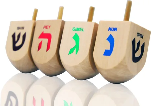 Miniatura 2 de The Dreidel Company Hanukkah 10 Dreidels de madera extra grandes pintados a mano de 3 pulgadas - Incluye tarjetas de instrucciones de juego