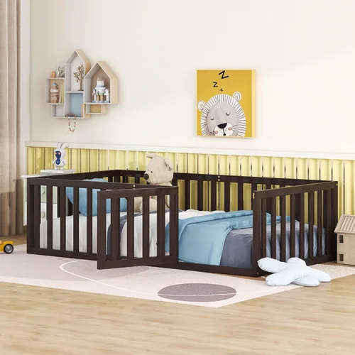 Miniatura 14 de Harper & Bright Designs Cama Montessori doble con valla y puertas, marco de cama de piso para espacios pequeños, sin rejas, gris