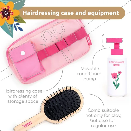 Miniatura 4 de UMU® Juego de peluquería de madera – 17 piezas de juguete de peluquería con secador de pelo, alisador, peine de espejo y accesorios – Diseño