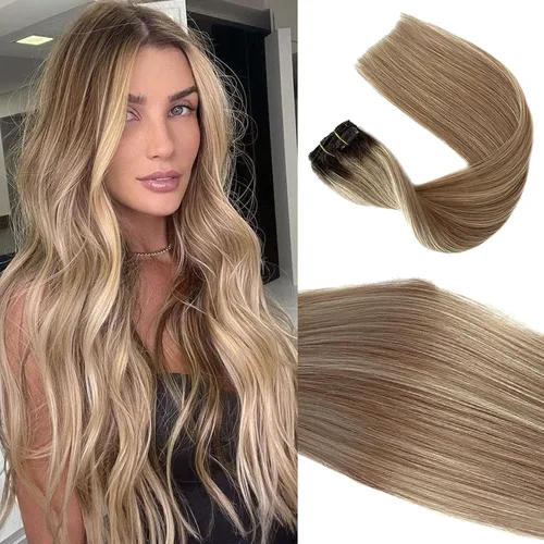 Miniatura 15 de Extensiones de cabello humano real con clip, color blanco hielo, extensiones de cabello humano Remy con clip, 18 pulgadas, 7 piezas, 2.47 oz