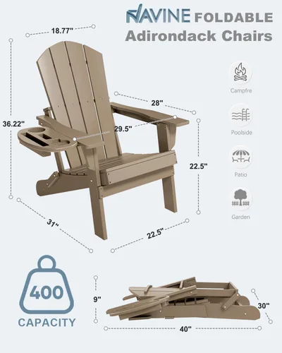 Miniatura 2 de NAVINE Juego de 2 sillas Adirondack plegables de polietileno de alta densidad con portavasos multifuncional, resistente a la intemperie, para Marrón