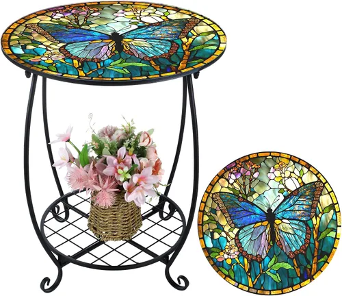 Miniatura 16 de Cinnvoice Mesa auxiliar redonda para exteriores, mosaico pequeño, decoración de patio, planta interior, mesa de té para patio, porche, jardín, sala