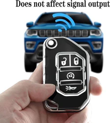 Miniatura 4 de Kirsnda Funda para llavero Jeep, funda con llavero, TPU suave que protege la carcasa de la llave del automóvil, compatible con Wrangler JL JLU Negro