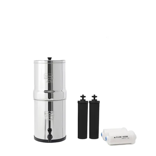 Travel Berkey - Filtro de agua alimentado por gravedad con 2 elementos Berkey negros + 2 elementos de flúor Berkey PF-2 y reducción de arsénico, uso
