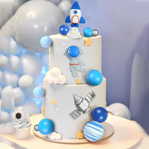 Miniatura 7 de Decoración para tartas espaciales de arcilla: figuras de astronauta, bolas de cohete, estrellas, decoraciones temáticas de espacio para niños