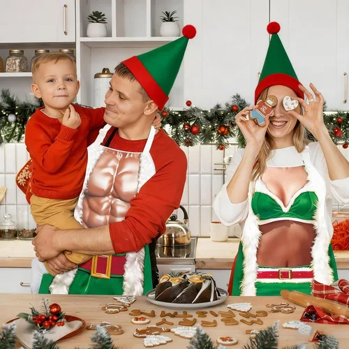 Miniatura 6 de 4 Piezas de Delantales de Navidad con Sombreros para Mujeres y Hombres, Delantales de Cocina Ajustables Divertidos para Cocinar para BBQ y Fiesta