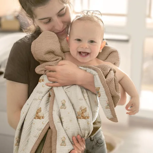 Miniatura 5 de lulumoon Manta de muselina neutra para bebé, ropa de cama de algodón transpirable para cuna para niños pequeños, 4 capas suaves y ligeras