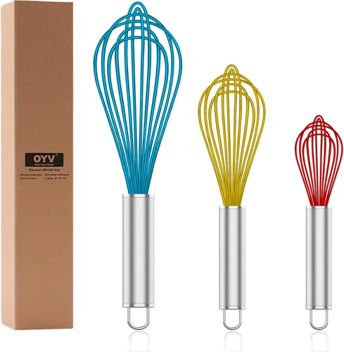 Miniatura 13 de OYV Batidor de silicona, paquete de 3 batidores profesionales para cocinar sin arañazos, acero inoxidable y silicona, batidor de goma de plástico