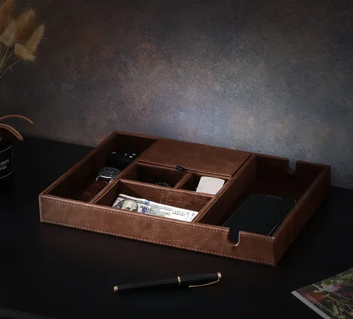 Miniatura 4 de BEWISHOME Bandeja de valet para hombre, organizador de mesita de noche, organizador de almacenamiento de escritorio con estación de carga grande