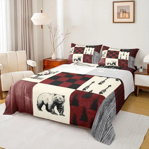 Rustic Lodge - Juego de sábanas tamaño individual con diseño de oso y alce, diseño de retazos, color rojo y negro, a cuadros, ropa de cama de Multi
