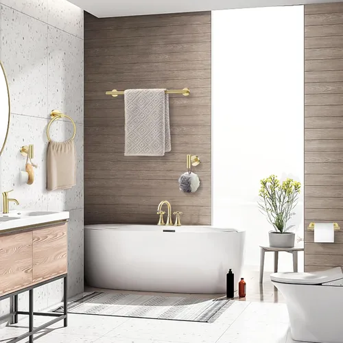 Miniatura 7 de TQKAG Juego de 5 piezas de accesorios de baño de oro cepillado 23.6" SUS304 Juego de toallero de baño de acero inoxidable Soporte de toalla de baño