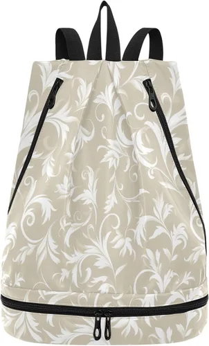 KLL Beige White Elegant Floral Swirls Drawstring soccer bags beach Swimming bag for gym with Wet Dry Compartments bolso para laptop mujer