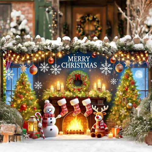 Miniatura 6 de BlissYard Pancarta de Fondo Navideño Escena de Chimenea con Muñeco de Nieve Reno Medias Guirnalda Árbol Regalos Decoración de Fiesta Navideña 71×43