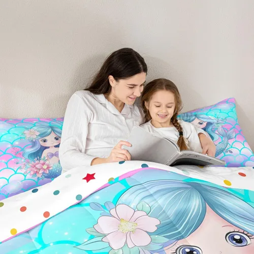 Miniatura 5 de Erosebridal Juego de edredón de sirena para niños, tamaño matrimonial, para niñas, ropa de cama de sirena brillante azul y rosa, juego de ropa