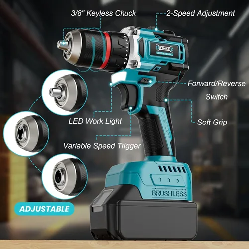 Miniatura 9 de DIYtoolifz Taladro Eléctrico Inalámbrico Compatible con Batería de 18V de Makita, Juego de Taladro Eléctrico Sin Escobillas de 1/2 Pulgadas, 440