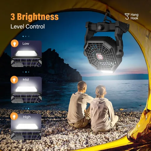 Miniatura 5 de Ventilador solar de 20000 mAh con linterna LED, ventilador de campamento con panel solar, 7 W recargable para exteriores, ventilador silencioso