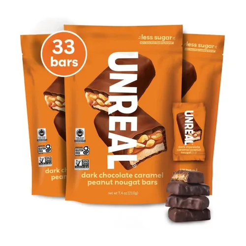 UNREAL Barras de turrón de cacahuete con caramelo y chocolate oscuro, 70% ingredientes orgánicos, comercio justo, sin OMG, sin jarabe de maíz,