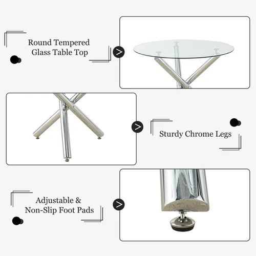 Miniatura 4 de Moderno juego de mesa redonda de cristal para 2, juego de mesa de cocina de círculo pequeño de 36 pulgadas con 2 sillas de comedor de piel sintética