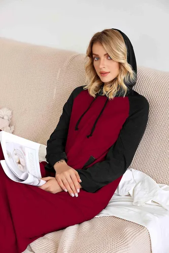 Miniatura 3 de Ekouaer Camisón de manga larga con capucha para mujer, color de contraste, ropa de descanso de longitud completa con bolsillo, S-4XL