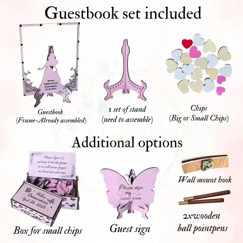 Miniatura 8 de Quinceanera Guest Book Alternative, Personalized Wooden Acrylic Princess Dress Frame with Butterfly Drop Chips, Custom Name Date Sign in Keepsake Set
