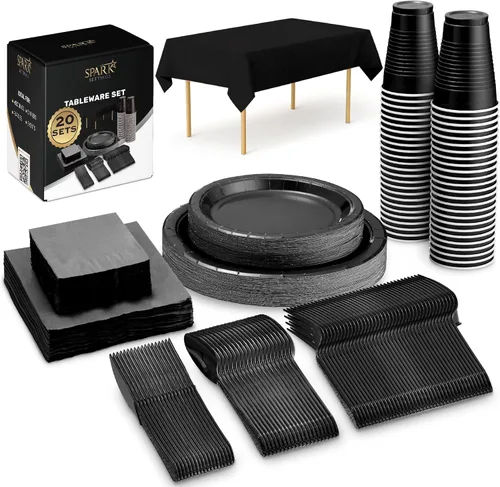 Juego de suministros negros para fiestas, platos de papel, vasos de plástico, tenedores, cuchillos, cucharas, servilletas, mantel para 20 invitados,