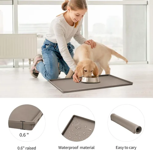 Miniatura 2 de Tapete de comida para perros, bandeja de comida impermeable de silicona, mantel individual antideslizante para mascotas, borde elevado de 0.6 Beige
