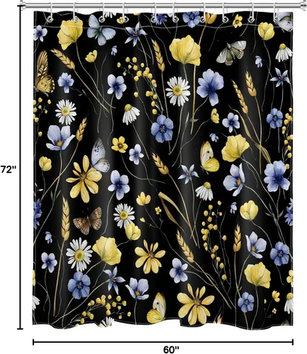 Miniatura 6 de EOBTAIN Nature - Cortina de ducha con flores silvestres para baño, cortina de ducha amarilla floral y mariposa sobre negro, con 10 ganchos, juego