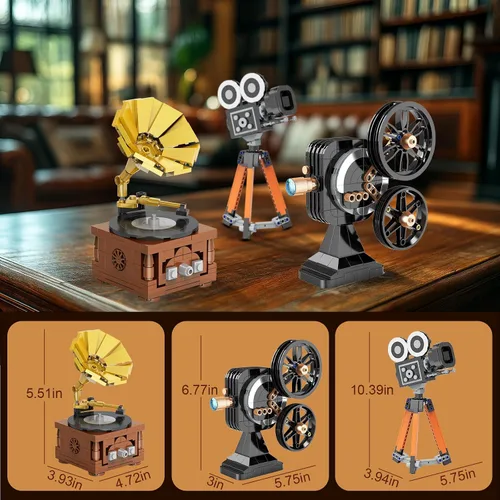 Miniatura 2 de Juego de construcción de modelos vintage 3 en 1 para adultos, adolescentes de 14 años, proyector de fonógrafo retro, cámara coleccionable