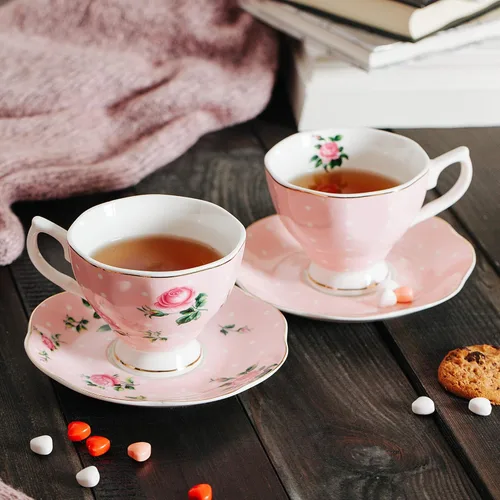 Miniatura 7 de BTAT - Juego de 8 tazas de té y platillos florales (8 onzas), juegos de tazas de té de porcelana, colores surtidos con ribete dorado y caja