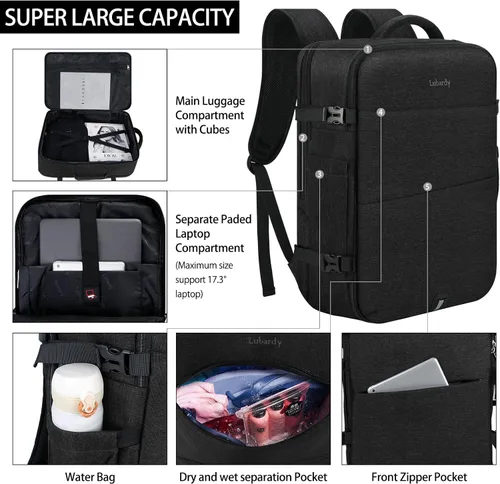 Miniatura 4 de Mochila de viaje para hombres y mujeres, 17 pulgadas, aprobada para vuelos, mochila de transporte impermeable grande de 40 L, mochila para negocios