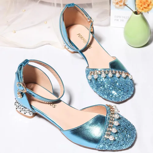 Miniatura 7 de Zapatos de vestir para niñas, tacones altos, zapatos planos para niños pequeños, zapatos de flores con purpurina brillante, para fiesta, boda